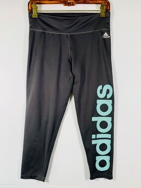 Adidas Performance Climalite cropped leggings charcoal grey/turquoise blue logo
